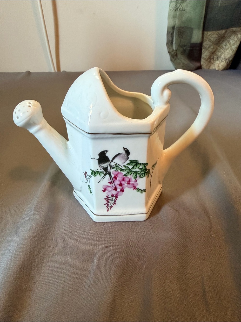 White Ceramic Watering Can Vase with Pink Floral & Bird Motif